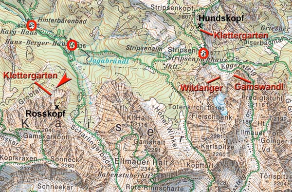 Karte, Lage der Klettergärten