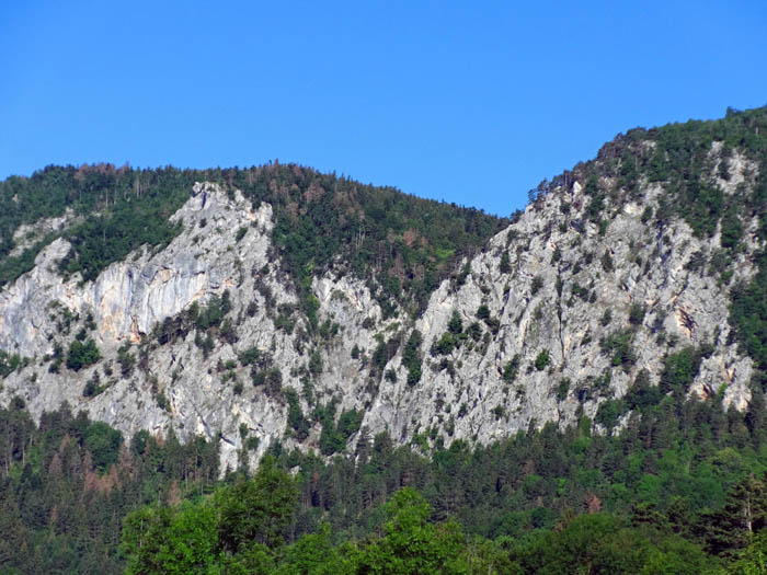 der zentrale Teil der Hohen Wand von Osten mit dem Tirolergrat, der ab Bildmitte schräg rechts nach oben zieht