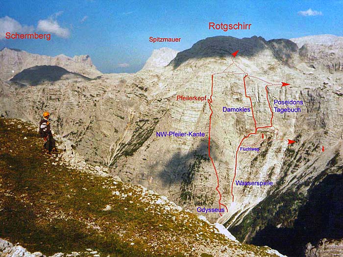 .. unsere Neutouren an der Rotgschirr Nordwestwand, gesehen vom Nprdgipfel des Zwölferkogel ...