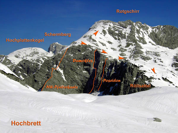 die Ausstiege unserer Rotgschirr-Touren vom Anstieg aufs Hochbrett (Hochkogel); der Aufstieg zum Gipfel erfordert zusätzliche 200 Hm. Ganz so widerstandslos wie auf dem Bild, wo sich das labyrinthische Karrengelände tief verschneit zeigt, ergibt sich der Abstieg zum Röllsattel im Sommer allerdings nicht