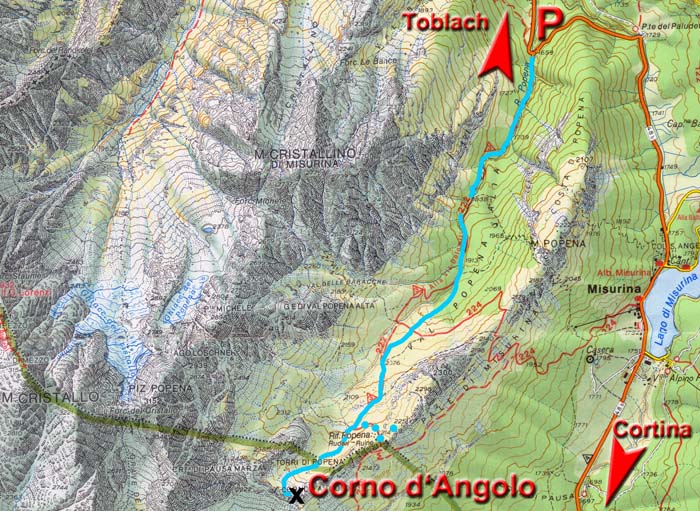 Karte; die kurze gepunktete Linie führt zur Ruine der ehemaligen Popena Hütte und auf den Südgipfel der Pale di Misurina