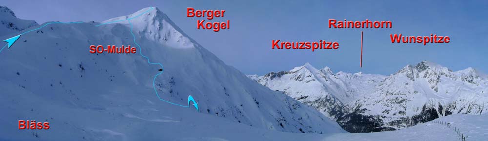 nach der anderen Seite unser Ziel, hinten rechts  um das Rainerhorn das Venediger-Gletscherdach