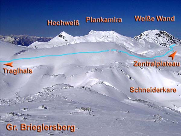 auf der Zwischenabfahrt in die Schneiderkare; die blaue Linie folgt wieder der Stangenmarkierung für die Plateau-Überschreitung