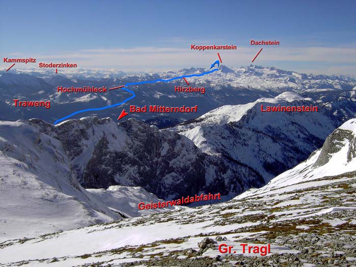 die gesamte Überschreitung in drei Ansichten: Teil 1 - Hochplateau Auf dem Stein bis Edelgrießhöhe (von Nordosten)