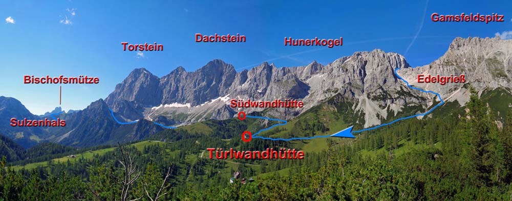 der dritte Tag führt uns entlang der Dachstein-Südwände bis hinüber ins Land Salzburg zur Hofpürglhütte am Fuß der Bischofsmütze; das Sommerbild wurde am Brandriedel über der Austriahütte aufgenommen