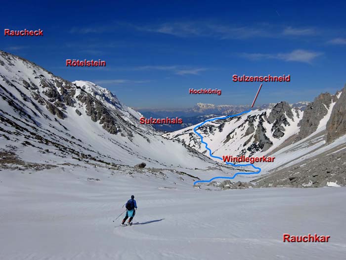 sodann queren wir das Windlegerkar, wo die Nordroute (über Hoher Dachstein oder Steinerscharte und Gosaugletscher) einmündet