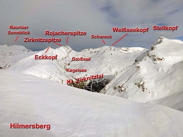 die Berge um den Eckkopf von SSW; wir befahren die Flanke links unterhalb des Gipfels