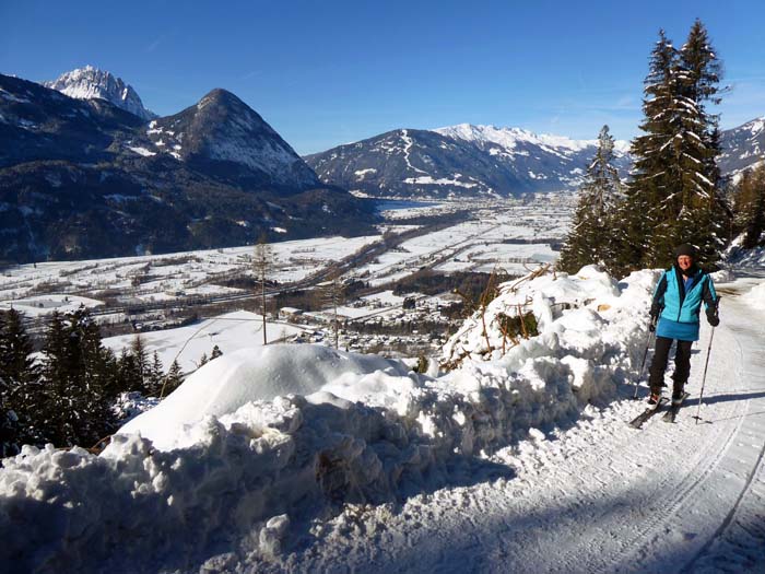 anfangs marschiert man am Görtschacher Berg gut drei Kilometer über Forststraßen; Blick aufs Lienzer Becken: links Spitzkofel und Rauchkofel, hinten die Villgratner Berge mit Hochstein und Böses Weibele