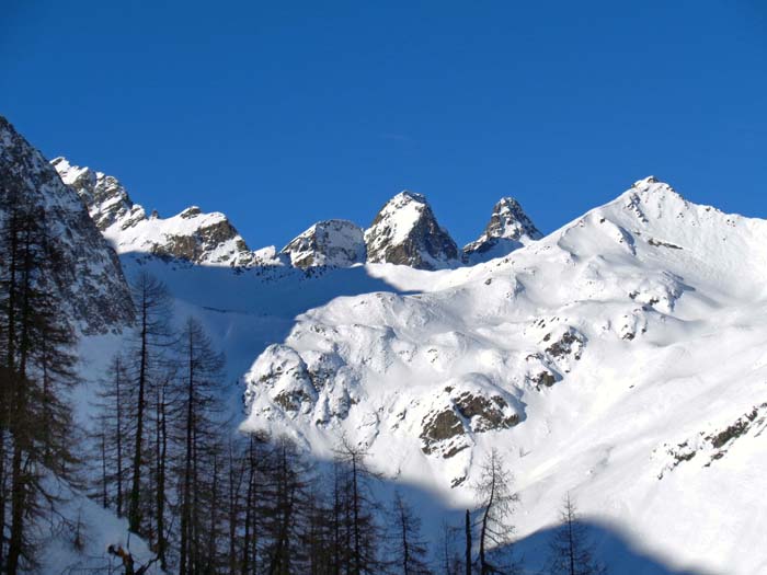 vom Sattel an der Waldgrenze hindernislose Schrägfahrt nach links mit prachtvollem Blick auf die Arnhörner