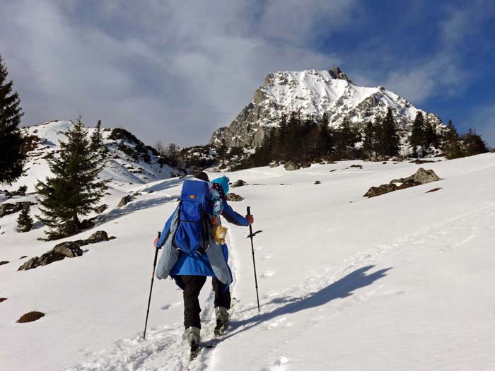 im NW der Kaiser Niederalm rückt die Maukspitze schon näher; unser Weiterweg führt über die weiße Kuppe links