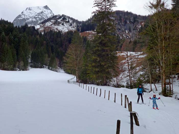 im Talgrund unterhalb der Schusteralm; Ronja ist vor zwei Monaten vier geworden und tatsächlich die gesamte Strecke allein abgefahren