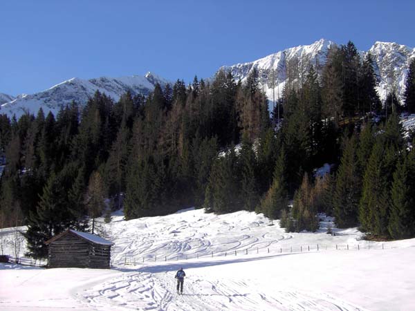 im unteren Teil verläuft die Spur über eine Kette von Almwiesen; hier die Leitenheimalm