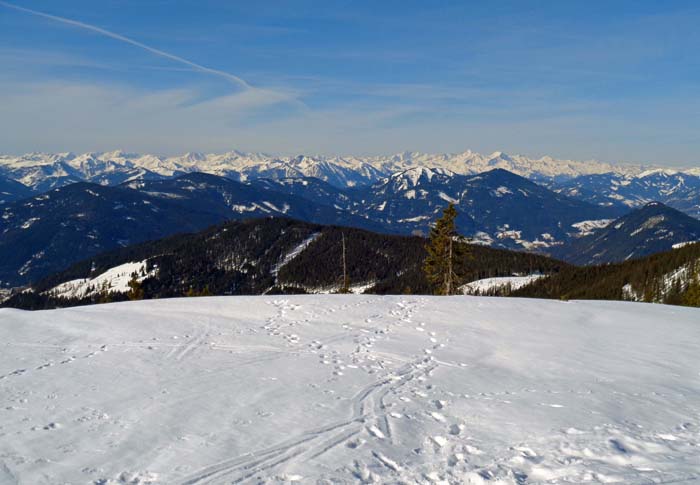 im SW gegenüber der grüne Vorderkogel, letzter Waldgipfel vor Eben im Pongau (links unten); dahinter die Hohen Tauern bis hin zum Großvenediger