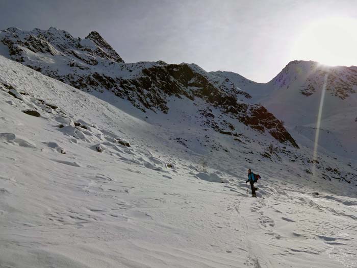 ... in die weiten Mulden der Villponer Alm hinaus; halblinks oben die Sauspitze