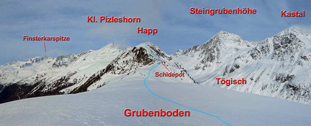 Panorama und Weiterweg vom Grubenboden nach N