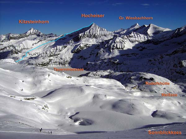 Hocheiser von W mit dem oberen Teil der Route (ab Kühtauern)