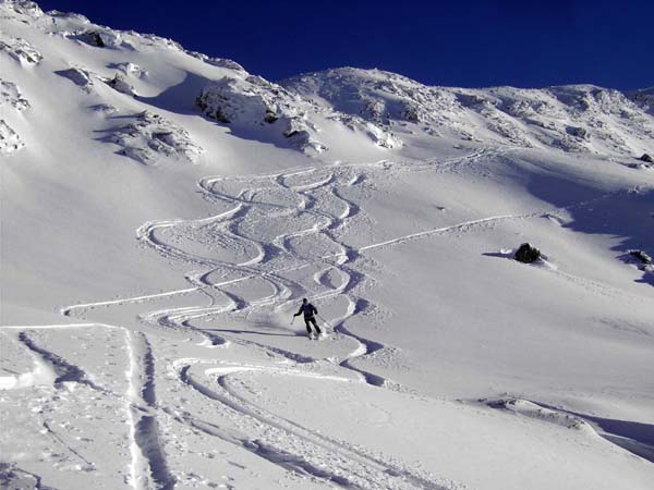 der starke SO-Wind der letzten Nacht hat in kammnahen Bereichen Triebschnee eingeweht; die geringe Neigung läßt die Befahrung dieses Abschnittes jedoch vertretbar erscheinen