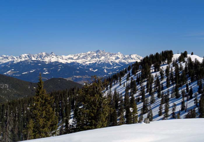 greifbar nahe der um 16 m höhere Ostgipfel mit Gosaukamm und Dachstein