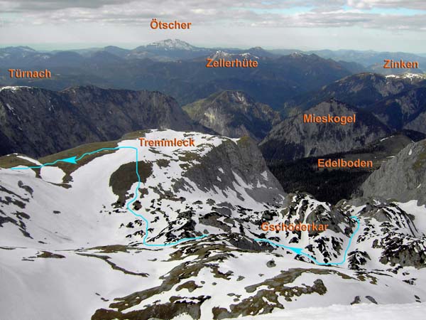 unser Aufstieg durchs Gschöderkar, gesehen vom Gipfel der Eismauer