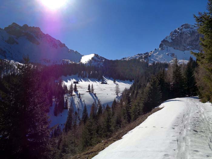 ... zur Neuwaldalm; von hier finaler Aufstieg zum Neuwaldeggsattel zwischen Eisenerzer Griesmauer und Frauenmauer (rechts, berühmte Durchgangshöhle)