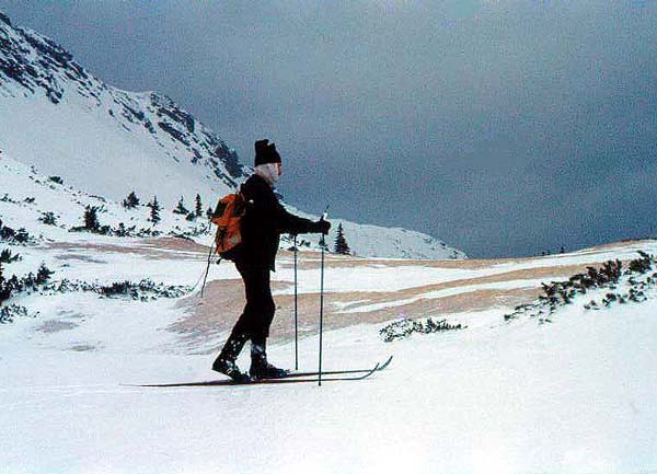 eine eigenwillige Besteigung 1985: Erich am Kräuterin-Plateau mit Langlaufschi ...