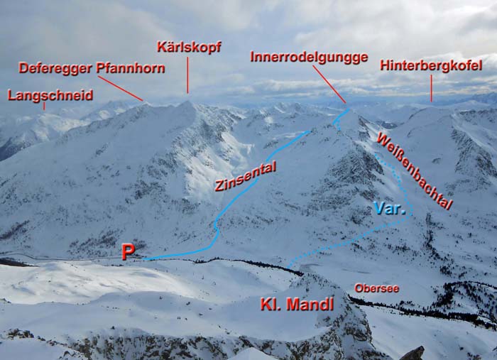 unser Aufstieg samt Variante durchs Weißenbachtal von NNW (Gr. Mandl)