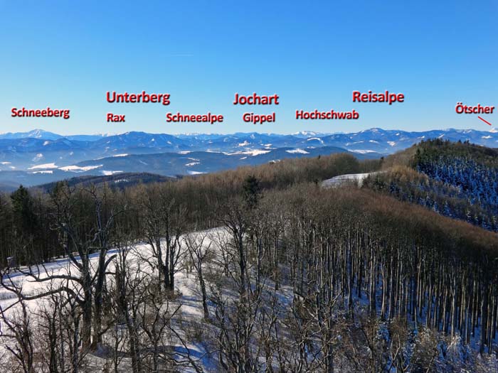 der Gipfelblick von der Matraswarte am Schöpfl gegen SW bei Schönwetter; hier oben gibt es trotz des Waldbestandes oft meterhohe Wechten