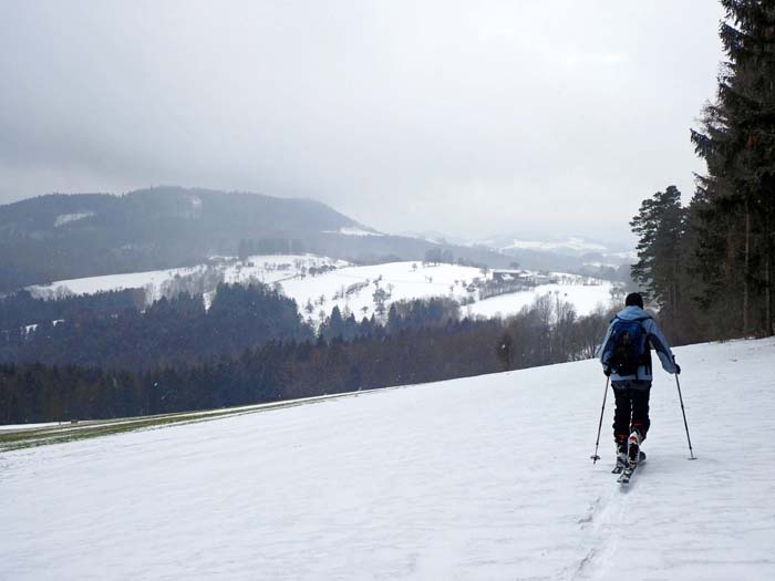 im Bereich der Katzelhofer Höhe setzt Schneetreiben ein, vor uns Wiesbauer und Zehethofer Höhe