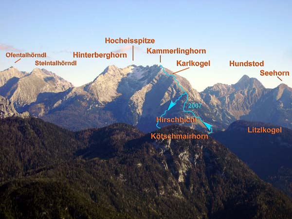 unser Tourenverlauf (im sommerlichen Gewand) aus WNW (Lachfeldkopf bei Lofer)