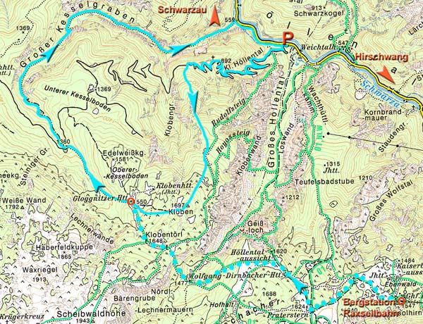 Karte; gepunktet der übliche Zustieg von der Bergstation der Raxseilbahn übers Klobentörl