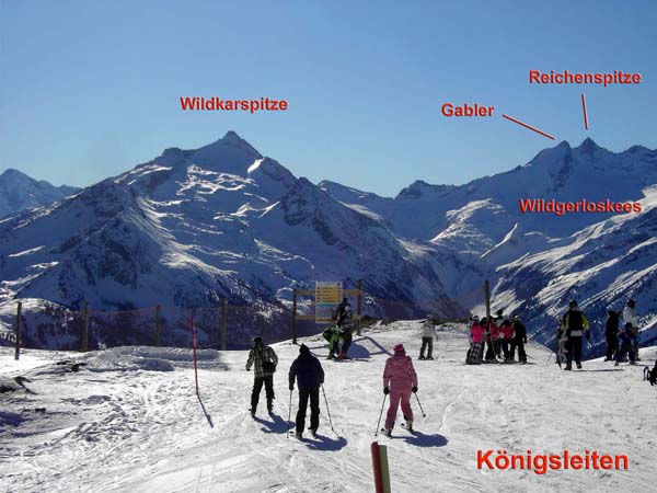 Blick von der Bergstation Richtung S auf die östl. Zillertaler Alpen; Wildkarspitze und Gabler (s. Archiv) sind fantastische Schiberge