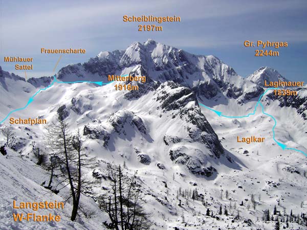 von der Laglmauer auf den Langstein - weite Traumkare zwischen scharfen Gipfeln; die herbstliche Überschreitung des langen Mitterberg Nordgrates (in Bildmitte) findest du im Archiv Klettern