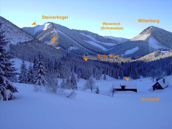 über die Wasserscheide des Gscheidl gelangen wir ins Quellgebiet der Stillen Mürz