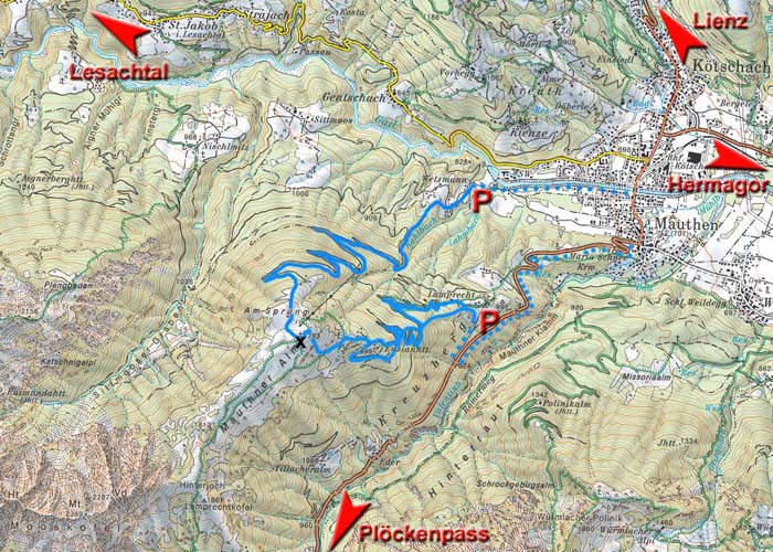 Karte; den Normalweg über den Lamprechtbauer kann man bei ausreichender Schneelage auch schon in Mauthen beginnen