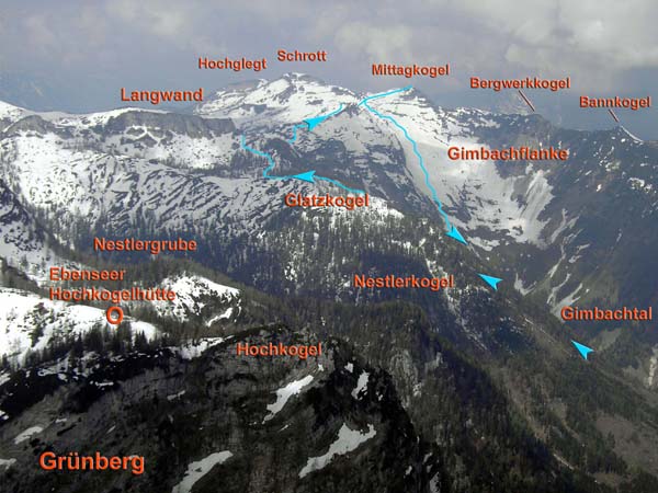 vom Grünberg, einem weiteren tollen Schiberg zwischen Offensee  und Ebenseer Hochkogelhütte, sieht man schön auf unsere  Glatzkogel-Mittagkogel-Überschreitung, einer lohnenden Alternative zum Normalanstieg