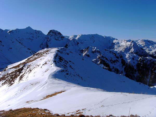 der anfänglich flache Kamm verlockt zur Fortsetzung der Tour übers Hochegg in die untere Tscharre und durch das Erschbaumer Tal zurück zum Parkplatz, die SW-Abfahrt vom Hochegg wäre bei solchem Schneemangel jedoch nicht sinnvoll. In Verlängerung des Grates der Rosskopf, links hinten die Pfannspitze