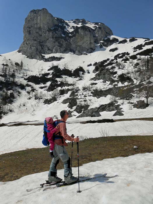 gleich darauf die Waldgrenze: Alm Crepulj poljana mit Glavepfeiler