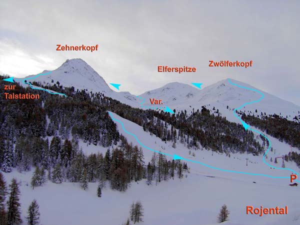 die Sonnenuhr aus dem Rojental (von NNW) mit der Abfahrtsvariante durchs Gampertal