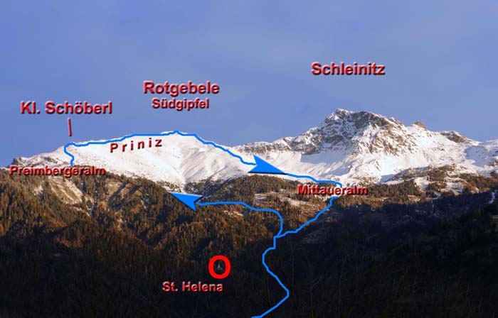 der mächtige Schleinitzstock nördlich über der Sonnenstadt Lienz mit unserer Schirunde