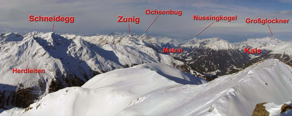 im Uhrzeigersinn anschließend der Blick nach N bis hin zum Venediger (in der Wolkenbank hinterm Zunig)