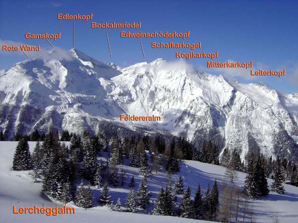 Blick von den sanften Hängen der Lercheggalm gegen W auf den nördlichen Teil des Rauriser Mitterkammes - Experten geraten bei dem Anblick leicht aus dem Häuschen