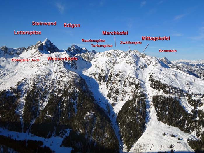 die Berge jenseits des Niedergailer Tals - die meisten von ihnen werden auch auf Schi erstiegen