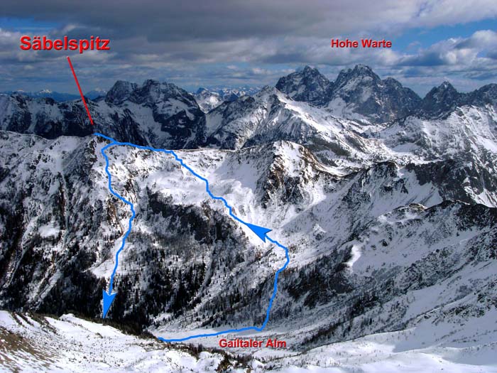 der Säbelspitz mit unserer Direktabfahrt ins Niedergailer Tal von Westen (Letterspitze)