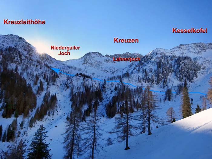 der Aufstieg zu den Böden unterm Niedergailer Joch; auf den Kesselkofel gelangt man am einfachsten übers Lahnerjoch und die Südseite