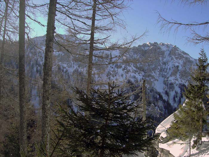 Blick vom Rabenstein-Nordwestkamm auf die Messnerin; wir steigen links auf den Schaftrempel