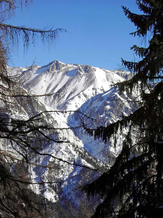 vom Rabenstein selbst hat man guten Einblick in den Karlgraben; die schattige Schluchtrinne in Bildmitte rechts unterm Fölzkogel ist die Waschenriegelschlucht (s. Archiv Karlhochkogel)