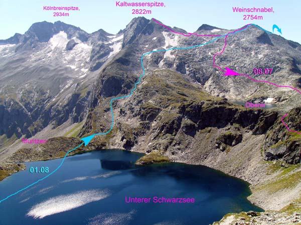 der Sommerweg pink, unsere Winterroute blau