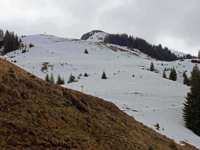 die Höhe der Kleinmoosalm mit ihrem Kreuz; mit Bedacht haben wir einen nordwestseitigen Anstieg ausgewählt - auf der Sonnseite sind bereits Wanderschuhe angesagt