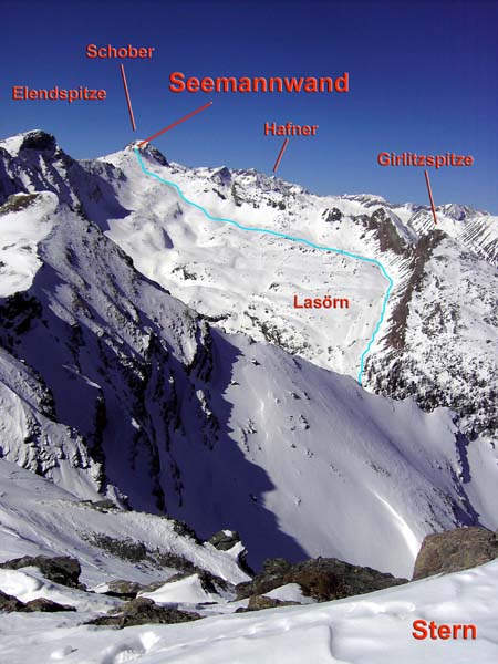 unsere wunderschöne Linie über die Lasörn auf die Seemannwand von SO (Sternspitze)