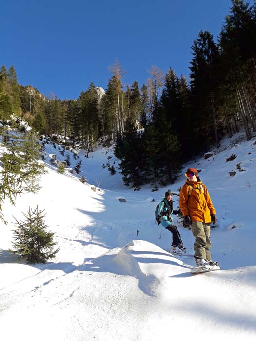 ... und finden im und neben dem Heindlgraben eine brauchbare Alternative bis zur unteren Straße auf etwa 1000 m, die uns in angenehmem Gefälle zurück nach Radmer bringt